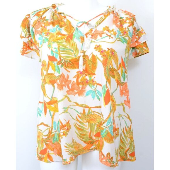 Rose & Olive Plus Size 1X Floral Feminine Flutter Sleeve Ruffle Neck Blouse Top - Picture 2 of 10